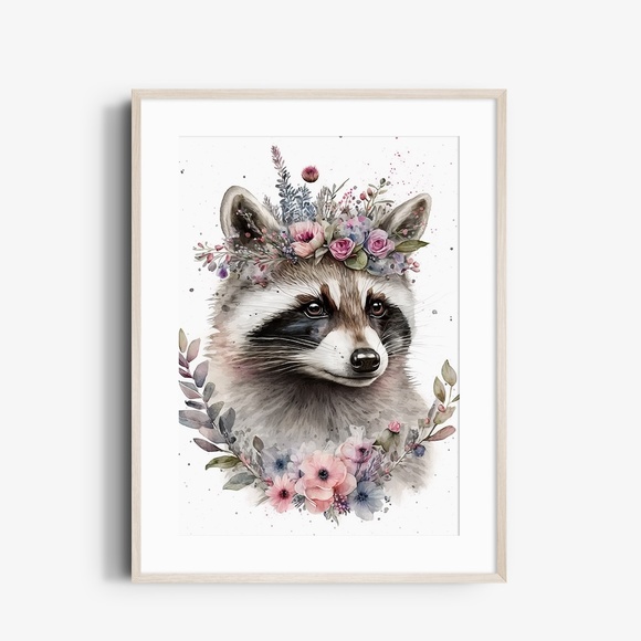 Cute Floral Raccoon Watercolor Wall Art Illustration Print Poster Unframed - Picture 2 of 6